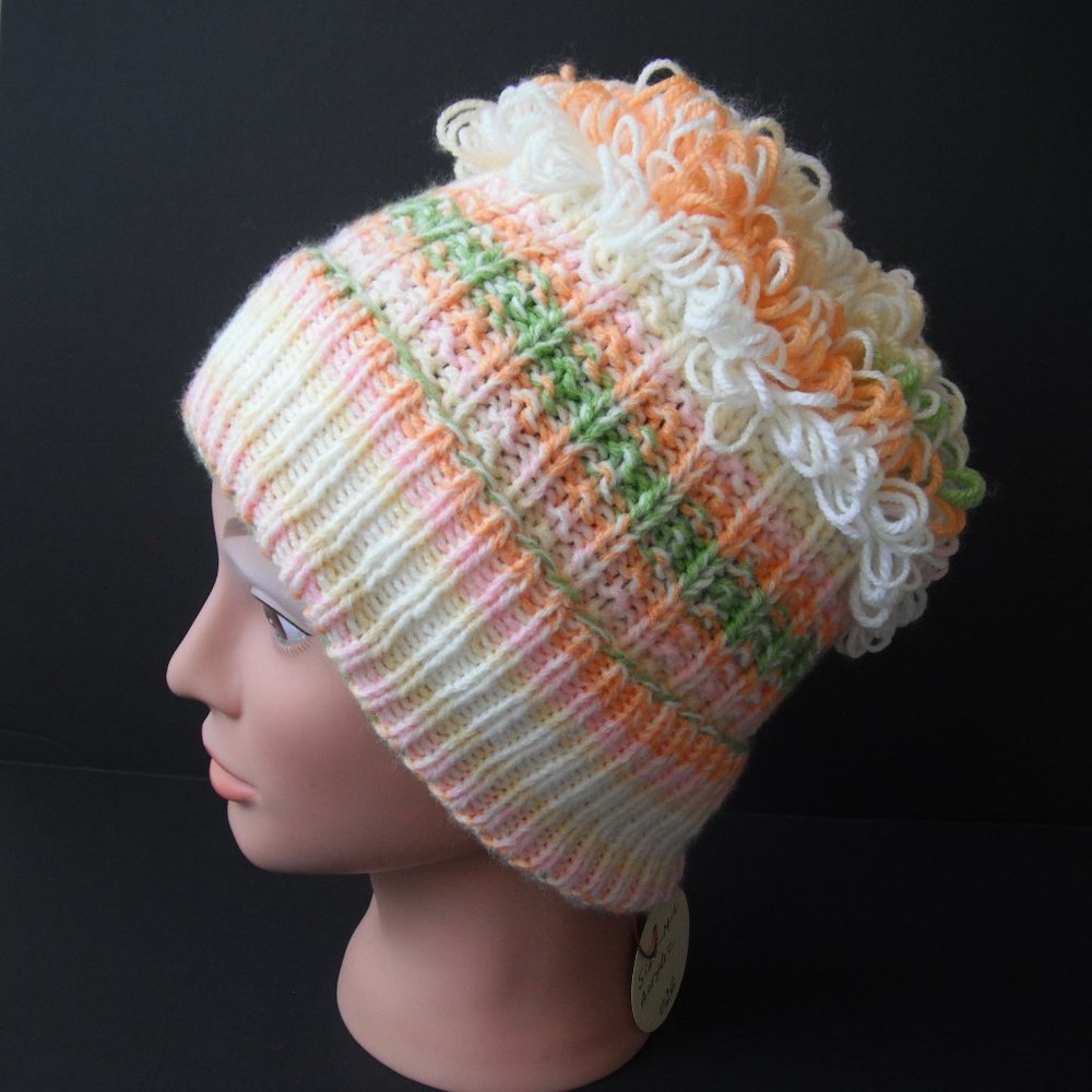 Hand Knitted Hat Toque Adult Size - M  Acrylic Pink/Yellow 026 Hand knit by me